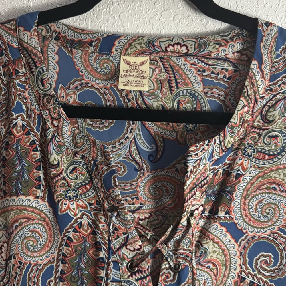 ❗️SOLD❗️Blue and Tan Ruffled 3/4 Sleeve Blouse with Mandarin Collar - Picture 2 of 5